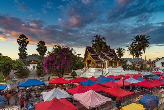 The night souvenir market in front of National museum of Luang Prabang, Laos.