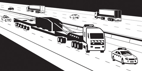 Heavy duty truck with pilot cars on highway - vector illustration