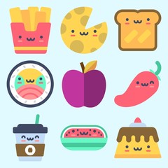 Icons set about Food with apple, toast, chili pepper, cheese, pudding and sushi