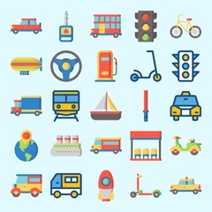 Icons set about Transportation with rocket, traffic light, double decker, zeppelin, van and car