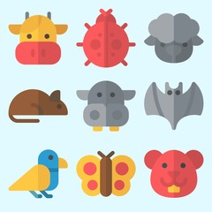 Icons set about Animals with butterfly, cow, ladybug, rat, hamster and bat