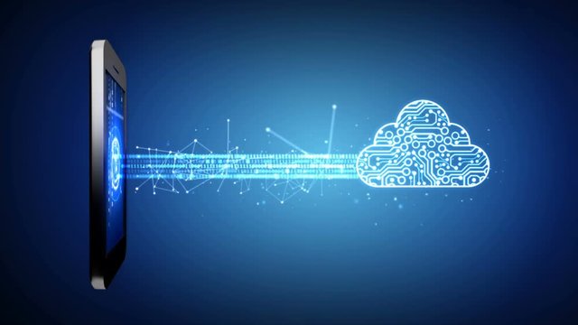 4K animation  smartphone with binary line and cloud for digital cyber futuristic concept with grain processed
