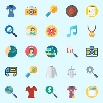 Icons set about Hippies with shirt, vinyl, microphone, note, search and photo camera
