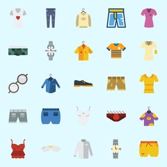 Icons set about Man Clothes with shoes, shirt, trousers, underwear, watch and sweater