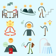 Icons set about Human with stairs, man, friendship, music listener, yoga and going up