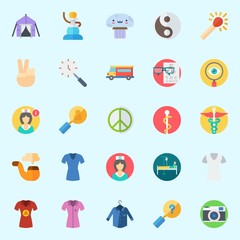 Fototapeta premium Icons set about Hippies with tent, yin-yang, victory, shirt, pipe and photo camera
