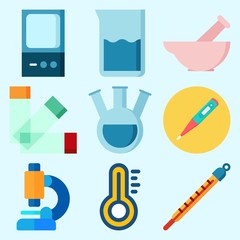 Icons set about Laboratory with lab, beaker, thermometer, tube and microscope