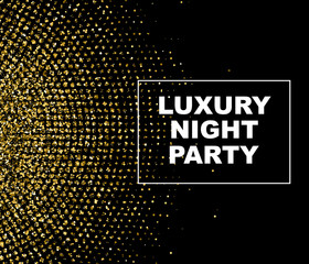Gold glitter dots halftone abstract flyer design, vector illustration. Glowing futuristic pattern, black cover, disco club invitation concept.