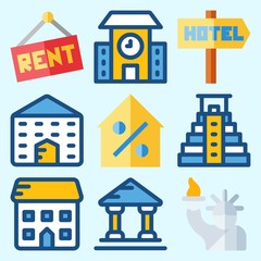 Fototapeta premium Icons set about Construction with real estate, museum, school, for rent, pyramid and statue of liberty