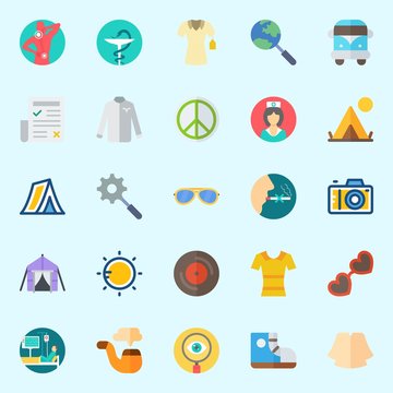 Icons set about Hippies with tent, sneakers, shirt, pipe, pacifism and photo camera