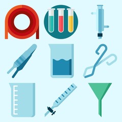 Icons set about Laboratory with kipp's apparatus, condenser, laboratory, funnel, separator funnel and test tubes