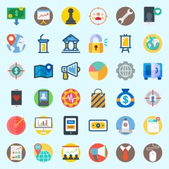 Icons set about Digital Marketing with statistics, pawn, pie chart, map, tablet and mouse