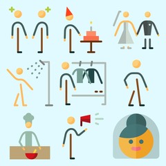 Icons set about Human with protest, birthday boy, cooker, shower, dialogue and walker