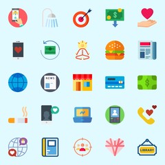 Icons set about Lifestyle with newspaper, online store, targeting, hamburger, internet and library