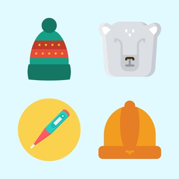 Icons set about Winter with winter hat, polar bear and thermometer
