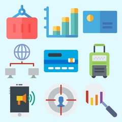 Icons set about Business with container, target, networking, suitcase, smartphone and bar chart