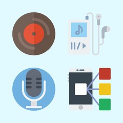 Icons set about Music with vinyl, smartphone, microphone and music player