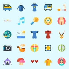 Icons set about Hippies with mushroom, photo camera, pharmacy, pacifism, nurse and van