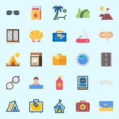 Icons set about Beach And Camping with passport, rope, shell, sunglasses, mountains and tent