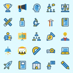 Icons set about School And Education with notebook, trophy, pencil, protractor, test tube and pendrive