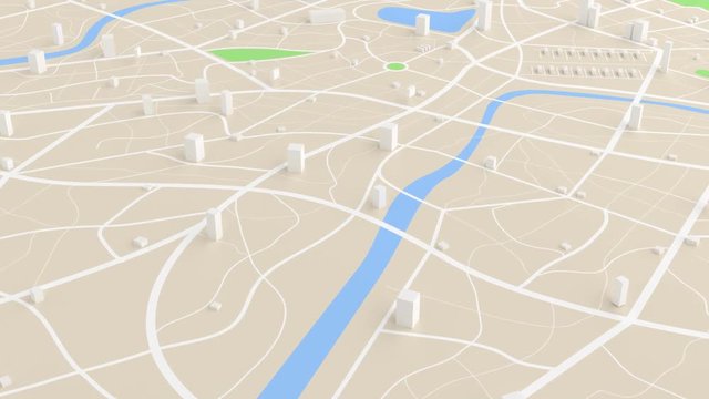 4K animation aerial view of map with 3d building