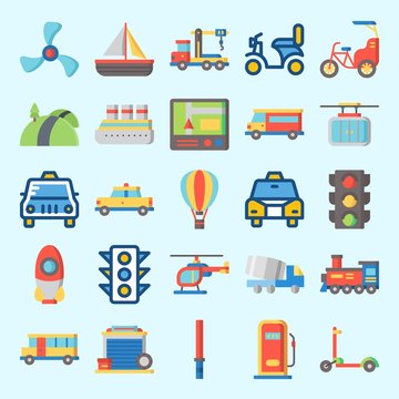 Icons set about Transportation with bus, bike, road, rocket, van and stick