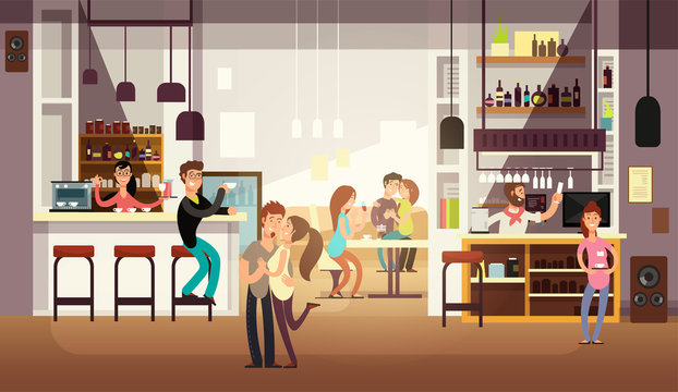 People eating lunch in cafe bar interior. Flat vector illustration