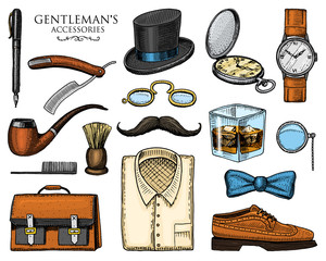 gentleman accessories. hipster or businessman, victorian era. engraved hand drawn vintage. brogues, mustache, shirt and cigar. cylinder hat, smoking pipe, straight razor, monocle, pince-nez