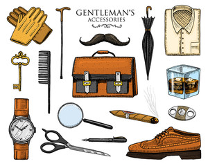 gentleman accessories set. hipster or businessman, victorian era. engraved hand drawn vintage. brogues, briefcase, shirt and cigar. cylinder hat, smoking pipe, straight razor, monocle, pince-nez