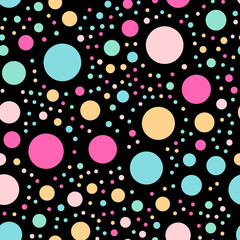 Colorful polka dots seamless pattern on black 3 background. Interesting classic colorful polka dots textile pattern. Seamless scattered confetti fall chaotic decor. Abstract vector illustration.