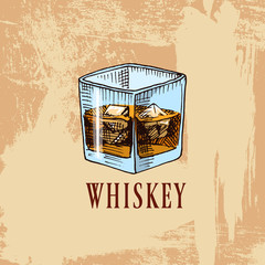 Whiskey in the bar. alcoholic beverage or drink with spirit. engraved hand drawn in old vintage sketch.