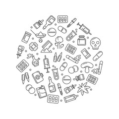 Medicine bottles drugs pills linear icons round concept