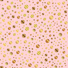 Golden dots seamless pattern on pink background. Enchanting gradient golden dots endless random scattered confetti on pink background. Confetti fall chaotic decor. Modern creative pattern.