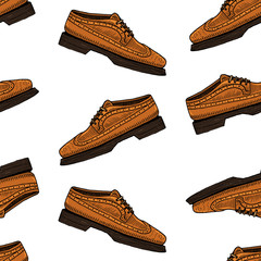 classic shoes seamless pattern or men accessory. engraved hand drawn in old vintage sketch. footwear or brogues, casual style.
