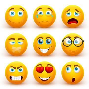 Yellow 3d emoticons vector set. Funny smiley face icons with different expressions