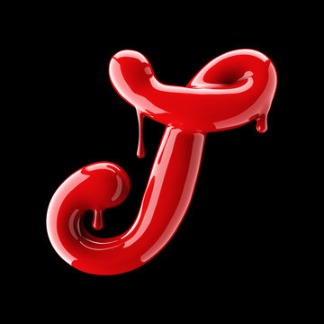 Leaky red alphabet on black background. Handwritten cursive letter T.
