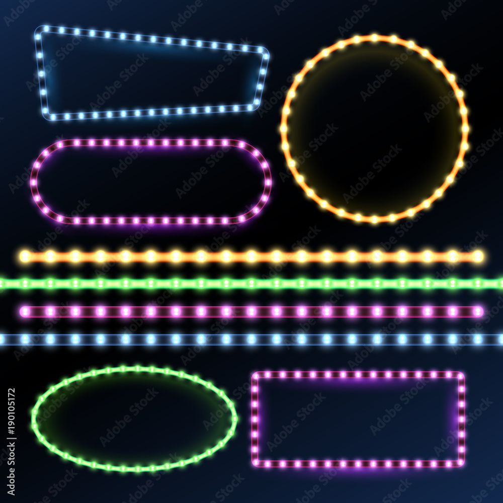 Wall mural neon and led strips and diode light border frames vector set