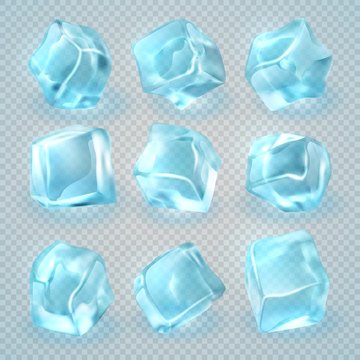 Realistic 3d ice cubes isolated on transparent background. Vector set