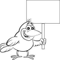 Black and white illustration of a bird holding a sign.