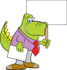 Cartoon illustration of a dinosaur wearing a tie and holding a sign.