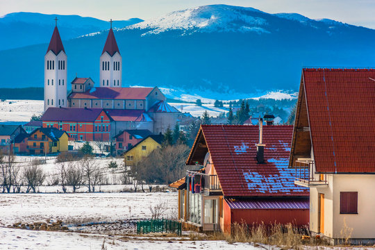 Kupres Bosnia winter scenery. / Scenic view at Kupres tourist resort in Bosnia, popular ski resort in Dynamic Alps, Europe.