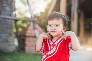 Happy chinese new year. Asian girls with Congratulation gesture.