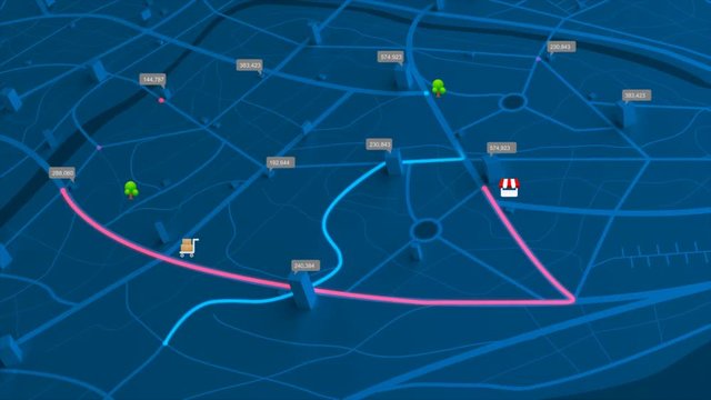 4K animation aerial view of night map with 3d building and destination moving location path with grain processed