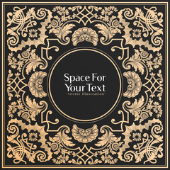 Vector vintage luxury label design. Baroque style golden frame, on dark background.