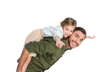 happy father and daughter piggybacking together isolated on white