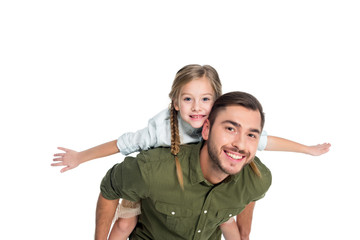 happy father and daughter piggybacking together isolated on white