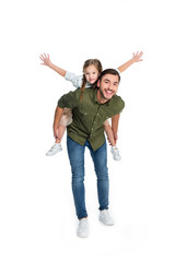 happy father and daughter piggybacking together isolated on white