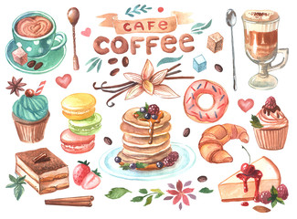Hand drawn watercolor illustration coffee and sweets