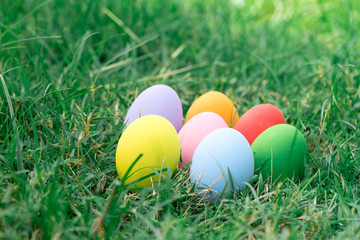 Fototapeta na wymiar The colorful easter eggs in the nest with green grasses background of front yard