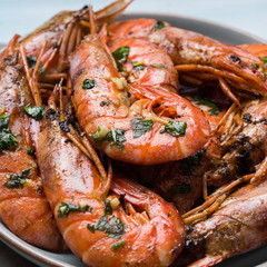 Grilled shrimps with parsley on pastel turqouise background. Shellfish dish